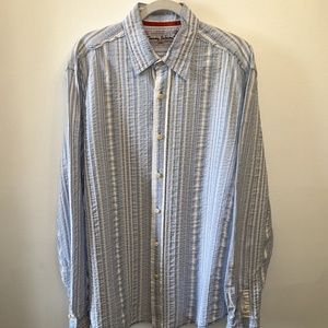 Tommy Bahama Blue and White Stripe Button Down 100% Cotton Shirt
